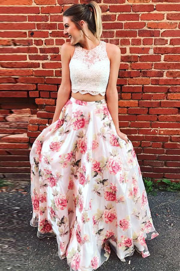 Two Piece High Neck Floral Long Lace A Line Sleeveless Graduation Prom Dresses