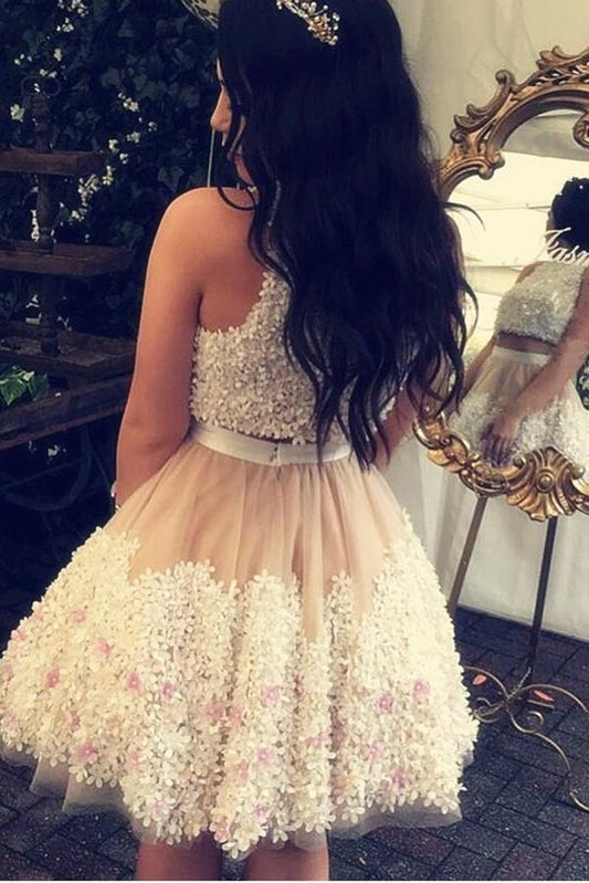 Cute Tulle Lace Round Neck Lace Appliques Two Pieces Short Homecoming Dresses