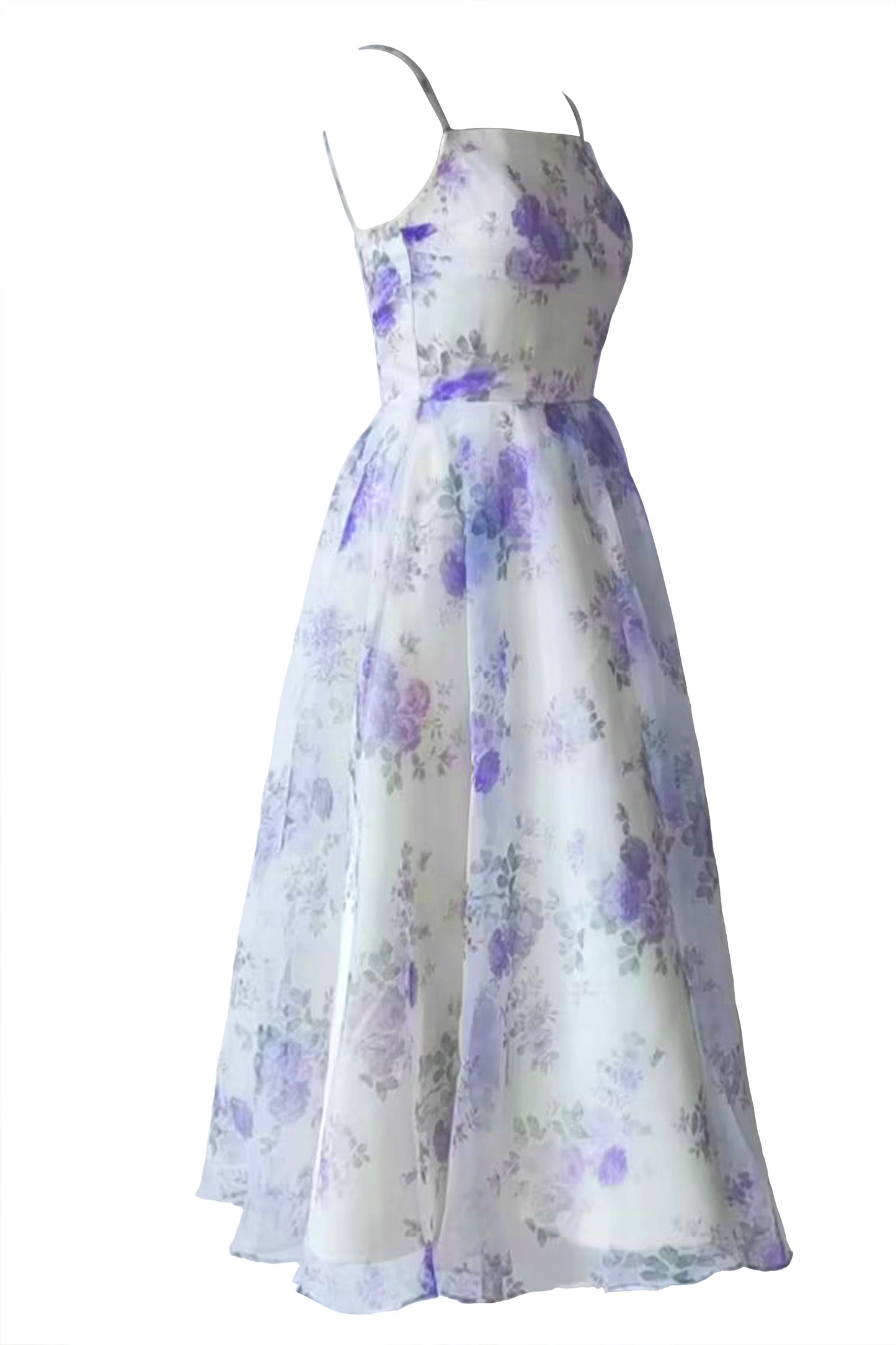 Purple Spaghetti Straps Chiffon Floral Print Prom Dresses