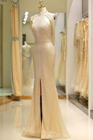 Mermaid High Neck Floor Length Split Gold Prom Dresses with Sequins Beading