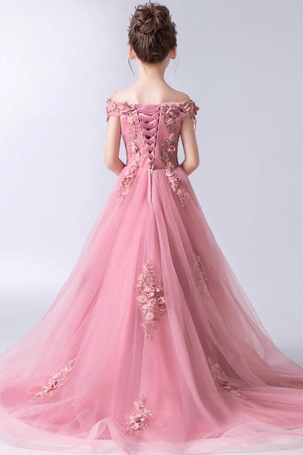 Gorgeous Pink Off the Shoulder With Lace Appliques High Low Tulle Flower Girl Dresses