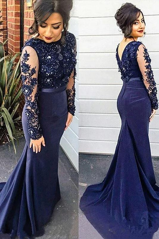 Mermaid Lace Scoop Navy Blue Beads High Neck Long Sleeve Plus Size Prom Dresses