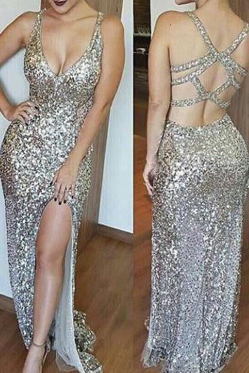 Luxurious Mermaid Long with Side Slit Sexy Backless Sequin V-Neck Sleeveless Prom Dresses