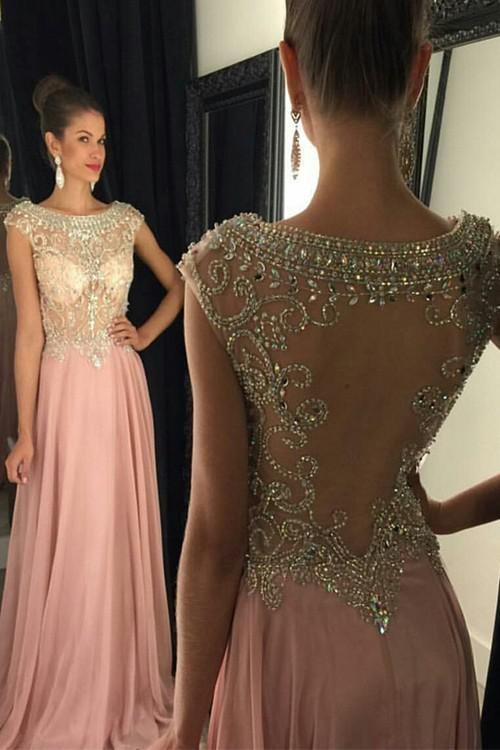 New Pearl Pink Backless Modest with Sparkle Cap Sleeves Beads Long Chiffon Prom Dresses