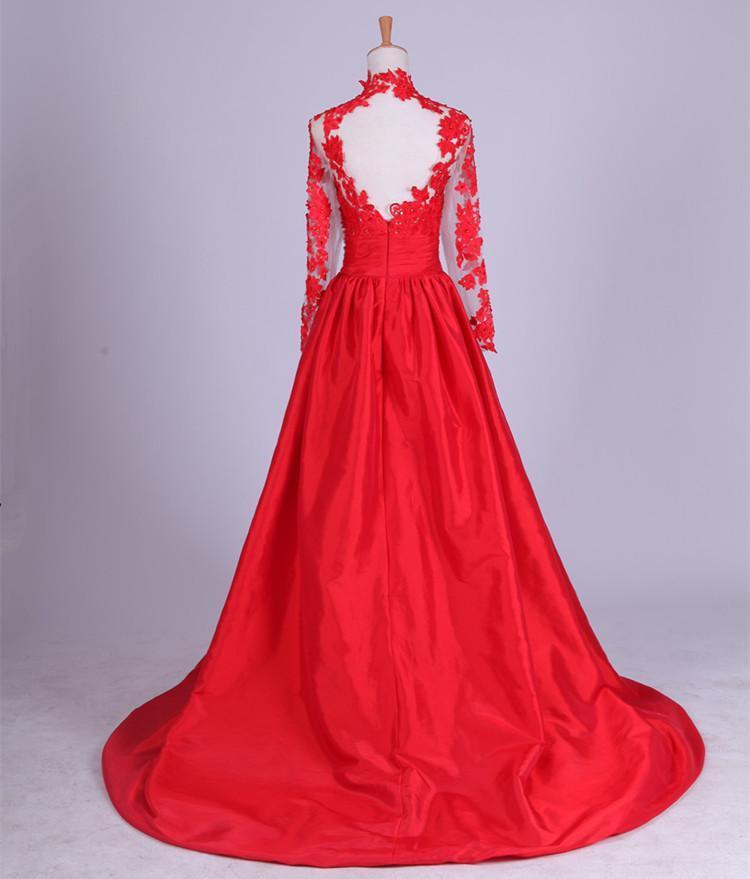 New Arrival Elegant Taffeta Applique Long Sleeve Empire Prom Gowns Evening Dresses