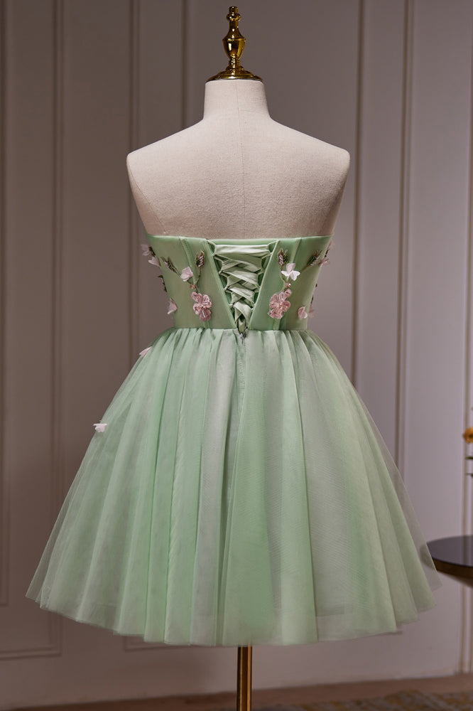 Cute Green Strapless Appliques Tulle Short Homecoming Dresses