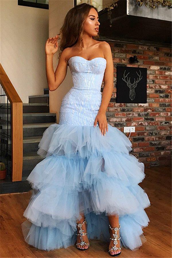 Light Blue Mermaid Strapless Tulle Prom Dresses Bowknot Layers Evening Dresses