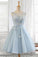 Light Blue Tulle Short Prom Dress Scoop Straps Homecoming Dresses with Lace up
