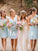 Light Blue V Neck One Shoulder Short Bridesmaid Dresses Chiffon Wedding Party Dress
