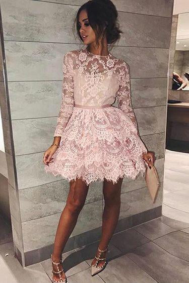 Long Sleeve Pink Above Knee Lace High Neck Homecoming Dress Short Prom Dresses