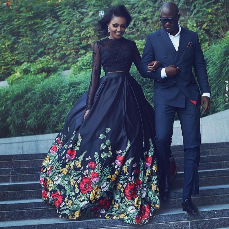 Long Sleeve Two Piece Black Floral Prom Dress with Beading Lace Evening Dresses