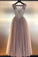 Luxurious A Line V Neck Backless Blush Tulle Long Prom Dresses with Straps Beading