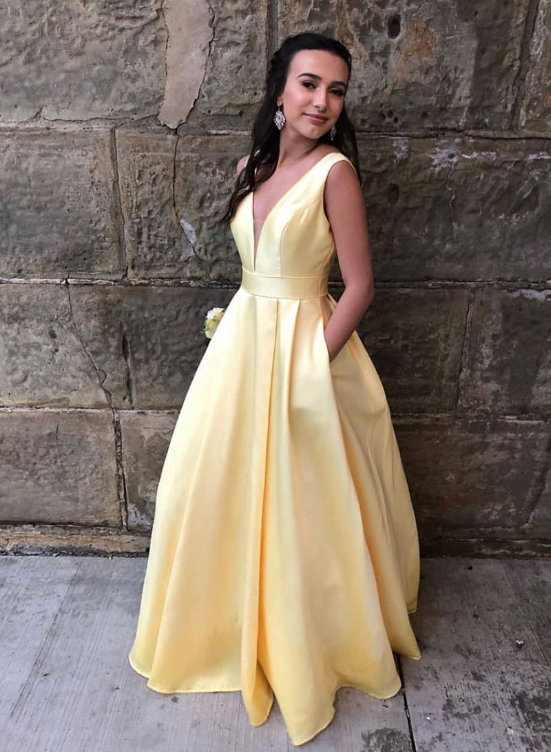 V-neck Simple Yellow Satin Long Prom Dresses With Pockets Cute Dresses