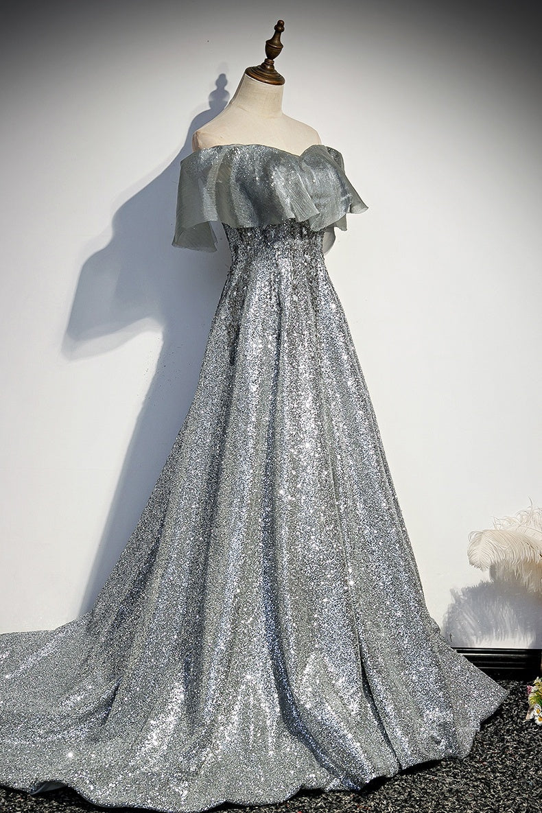 Pretty Silver Off The Shoulder Long A-line Prom Dresses For Teens