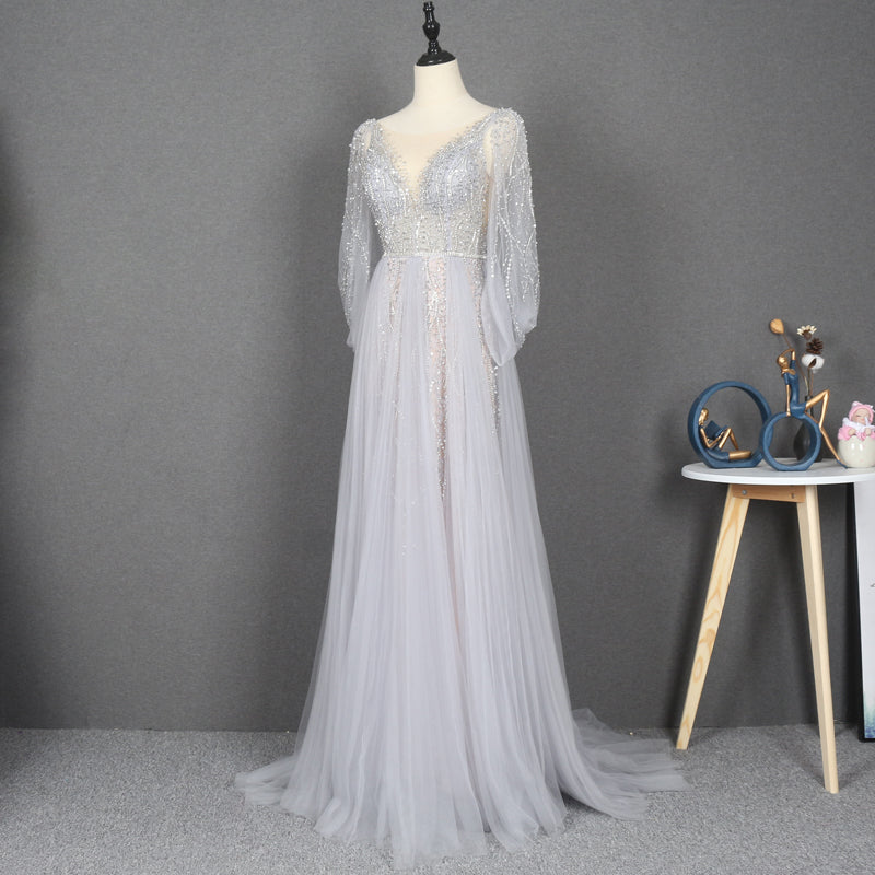 Amazing Long Gray Beading Prom Dresses Modest Evening Gowns