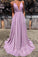 Deep V-neck Backless Spaghetti Straps Long Sparkly Prom Dresses Prom Gowns