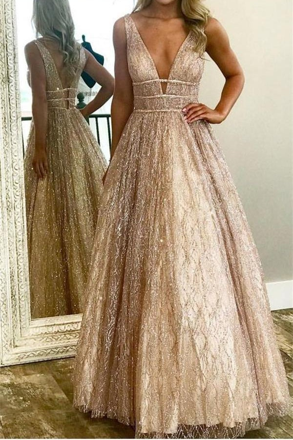 Sparkly Long V-neck Open Back Unique Prom Dresses Princess Dresses