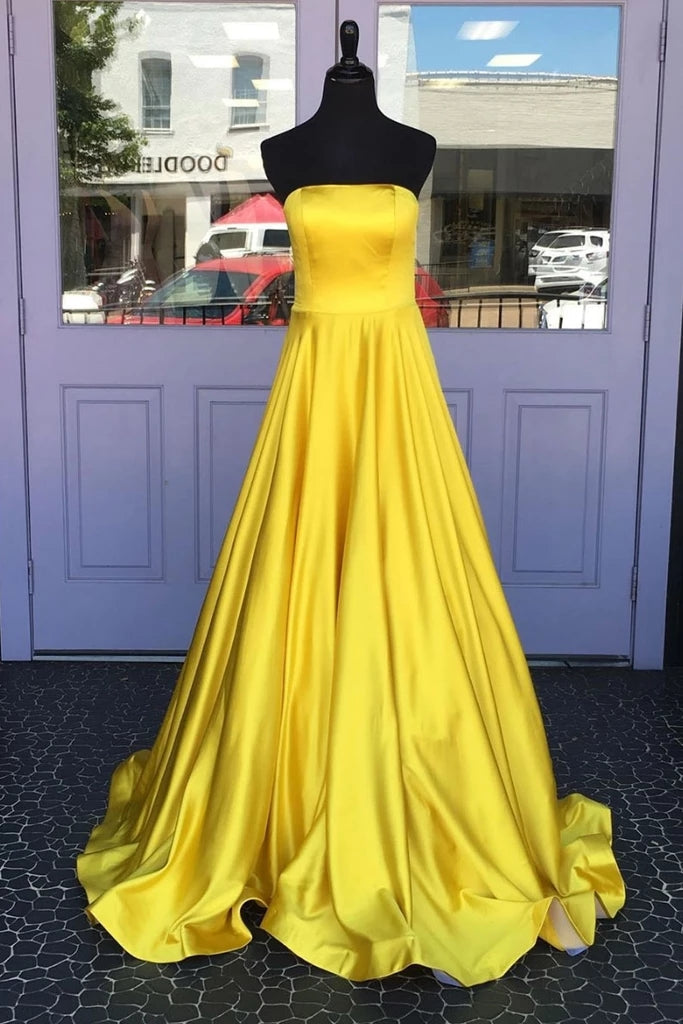 Simple Long A-line Yellow Strapless Prom Dresses For Teens