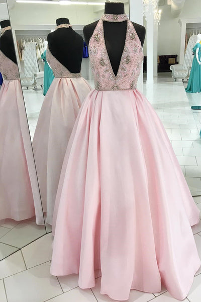 Pretty Girly Pink Halter Backless Beading Long Prom Dresses Cute Dresses