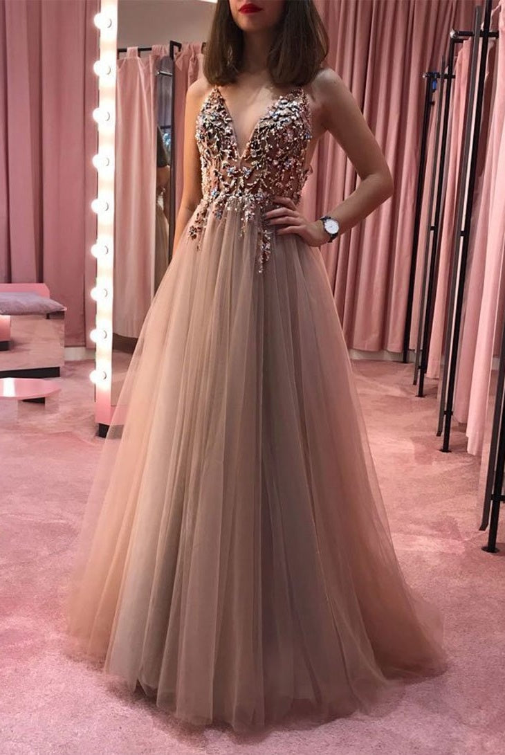 Unique V-neck Flowy Long A-line Tulle Prom Dresses For Teens Fashion Dresses