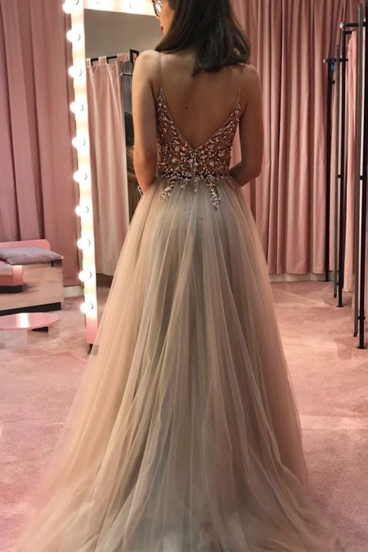 Unique V-neck Flowy Long A-line Tulle Prom Dresses For Teens Fashion Dresses