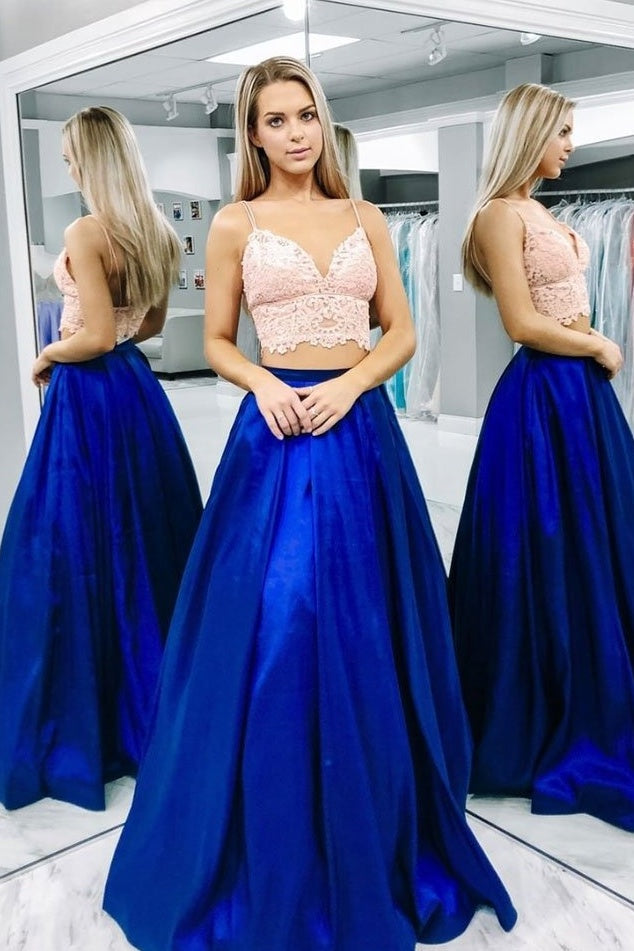 Spaghetti Straps Two Pieces Long Royal Blue Prom Dresses Formal Party Dresses