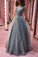 Floor Length A-line V-neck Gray Prom Dresses Charming Long Prom Gowns