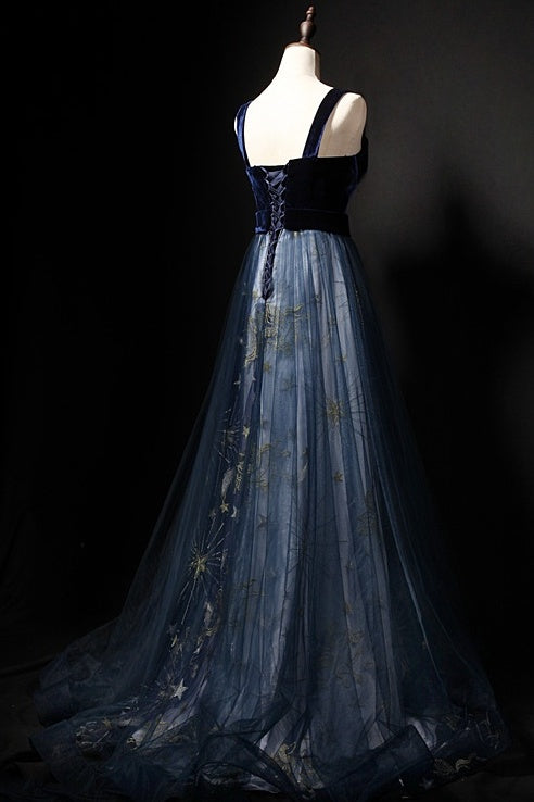 Elegant Long Lace Up Velvet Tulle Prom Dresses Modest Party Gowns