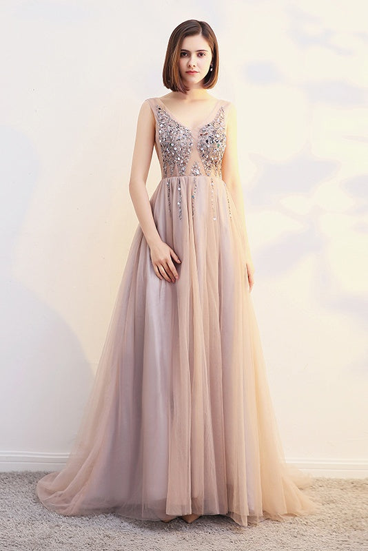 Chic V-neck Beading Long Backless Prom Dresses Elegant Party Gowns