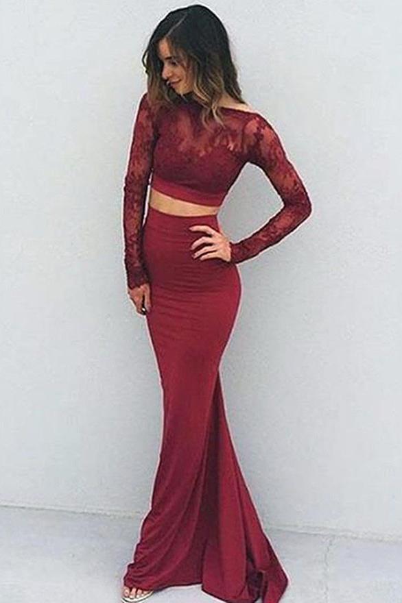 Mermaid Long Sleeve Two Pieces Prom Dresses Burgundy Backless Evening Dresses