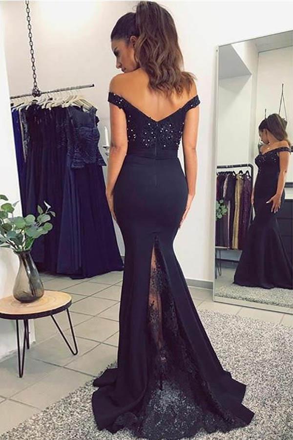 Mermaid Off the Shoulder Navy Blue Sweetheart Prom Dresses with Sequins