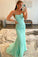 Appliques Lace Mint Green Backless Evening Dresses Mermaid Long Prom Dresses