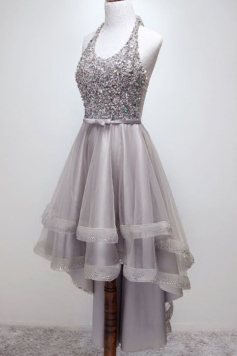 Sparkly Halter High-Low Sequins Prom Dresses Tulle Homecoming Dresses