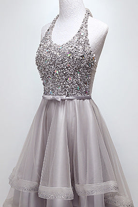 Sparkly Halter High-Low Sequins Prom Dresses Tulle Homecoming Dresses