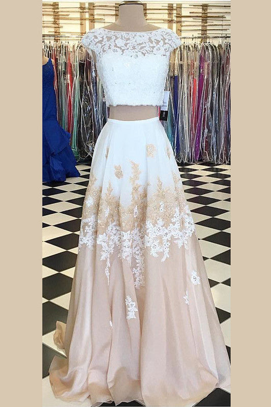 Two Piece Boat Sleeveless Lace Appliques Floral Key Hole Back Prom Dresses