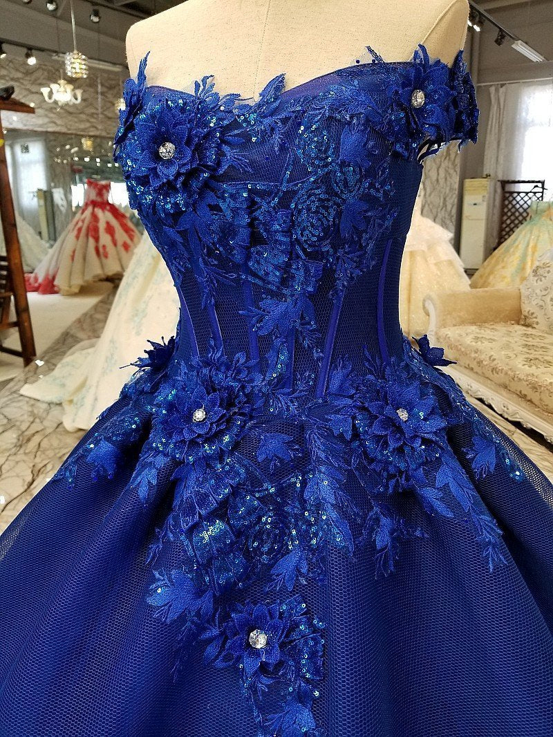 Off Shoulder Royal Blue Evening Dresses with 3D Floral Lace Ball Gown Quinceanera Dresses