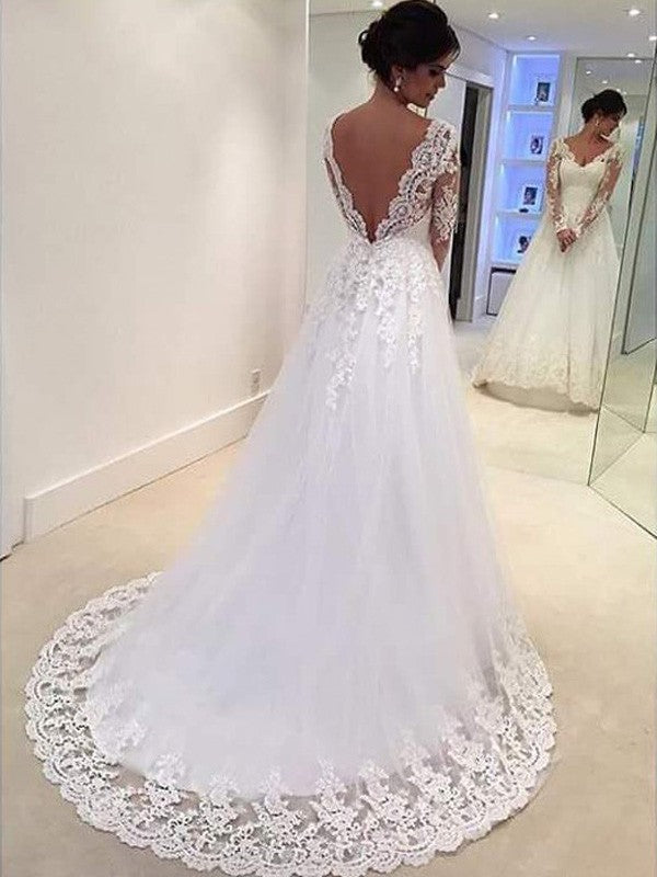 Long Sleeves White Lace Wedding Dresses V Neck Beach Wedding Dress Bridal Gowns