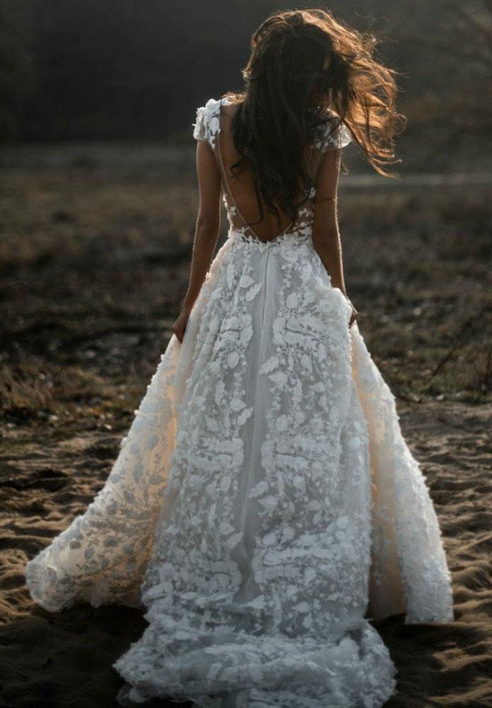A Line Ivory V Neck Country Wedding Dresses With Appliques, Beach Wedding Gowns STB15548