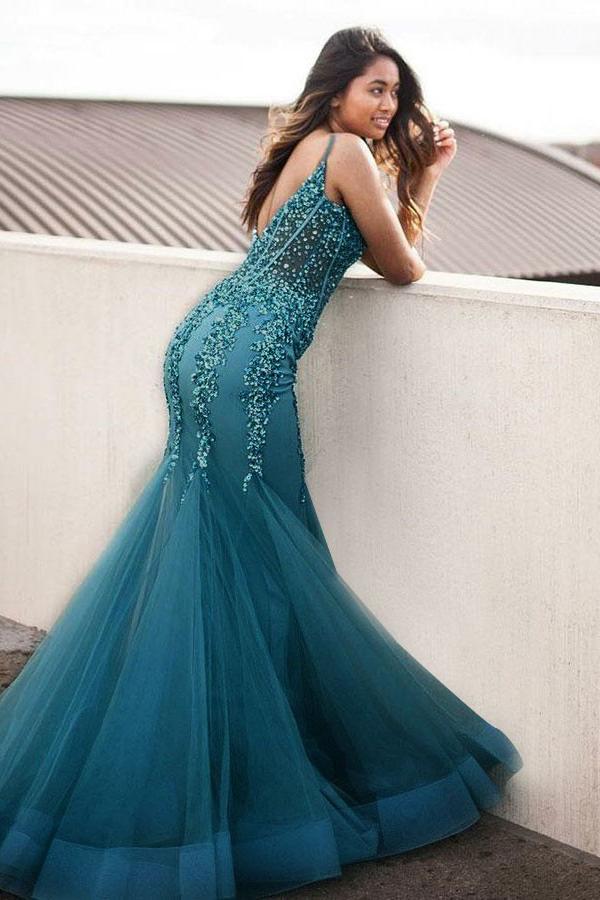 Spaghetti Straps Sweep Train Tulle Prom Dress With Beading Mermaid Formal STCPTEYM3D7