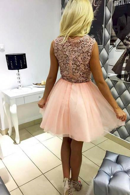 Pink Tulle V Neck Homecoming Dresses with Lace Short Straps Cocktail Party Dresses