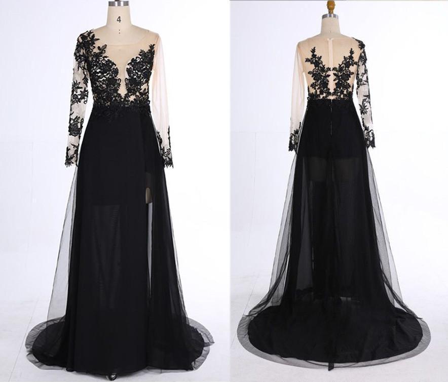 New Style Black Long Sleeves Lace Deep V Neck Thigh-High Slit Sexy Lace Evening Gowns