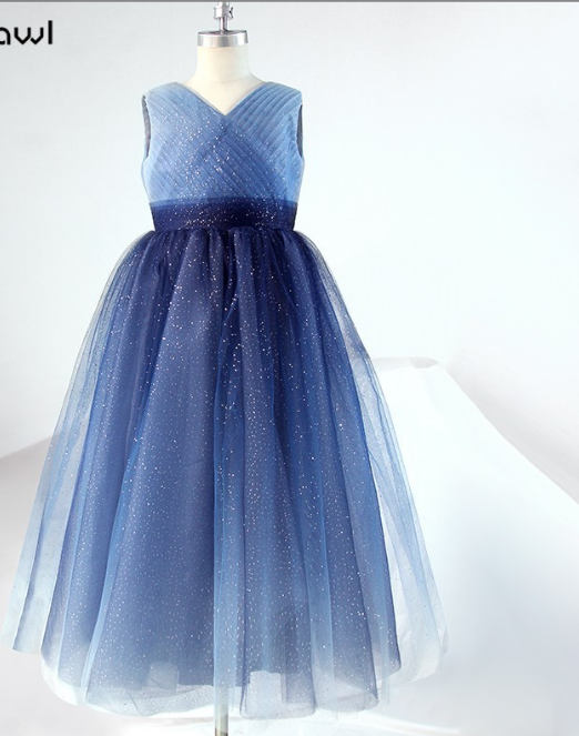 A Line Sparkle Blue V-Neck Sleeveless Flower Girl Dresses