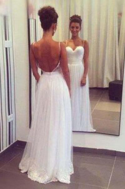 Spaghetti Straps Sweetheart Tulle Long Elegant Lace Cheap Backless Evening Wedding Dresses