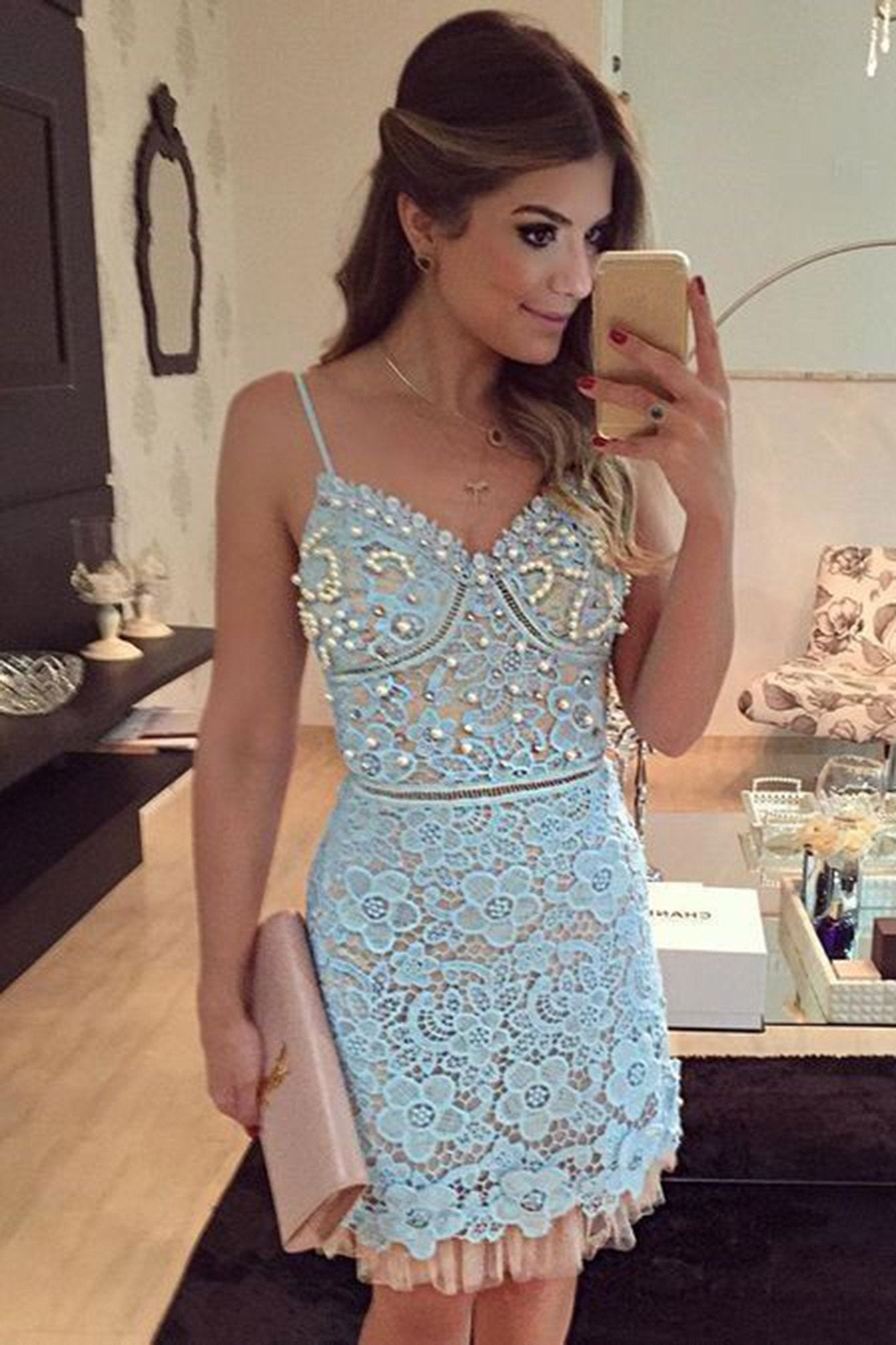 Light blue lace V-neck beading short Party dresses with spaghetti