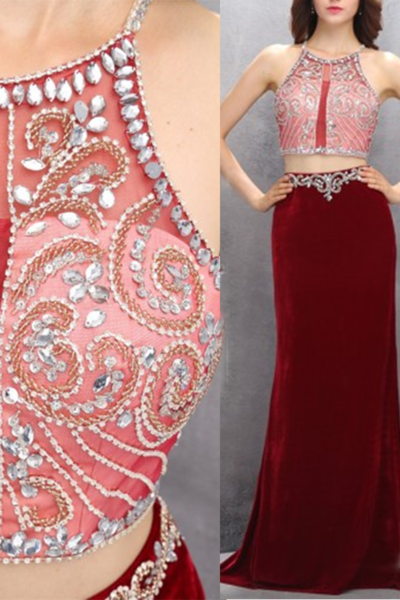 Sexy red chiffon two pieces see-through beading floor-length prom