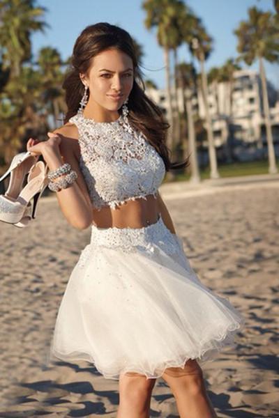 Cute white organza lace two pieces round neck short Homecoming