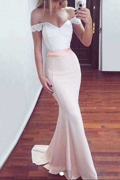 Pink chiffon lace off-shoulder long prom dress slim-line evening