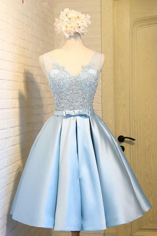 Sky Blue A-Line V-Neck Short Prom Dresses Appliques Lace Homecoming Dresses