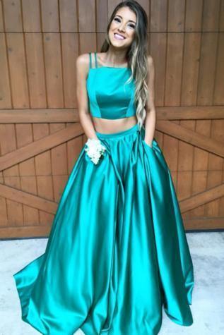 Gorgeous A-line Two Piece Hunter Green Long Prom Dress Formal Dresses