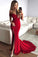 Red Mermaid Off the Shoulder Split Prom Dresses with V Neck Long Evening Dresses